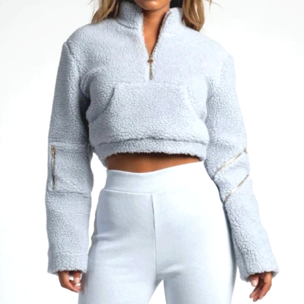 Akira Teddy Cropped Jacket Grey NWT XL Pullover Half Zip Pockets Crop Neutral